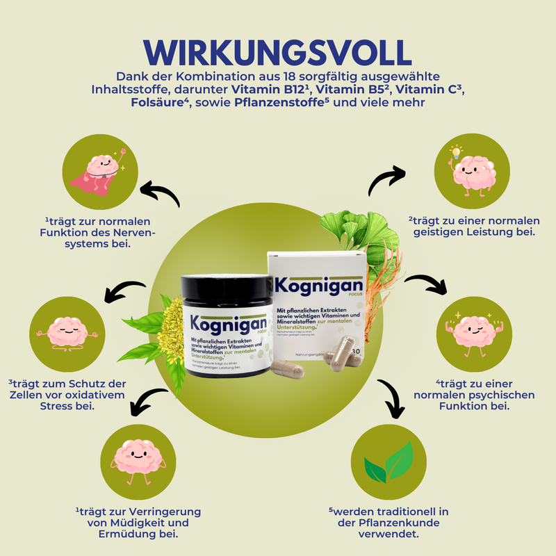 Kognigan Focus Supplements - Gehirn Kapseln - Brain Booster für Konzentration-, Gedächtnis- & mentale Unterstützung-Nahrungsergänzungsmittel-EKNA GmbH & Co. KG