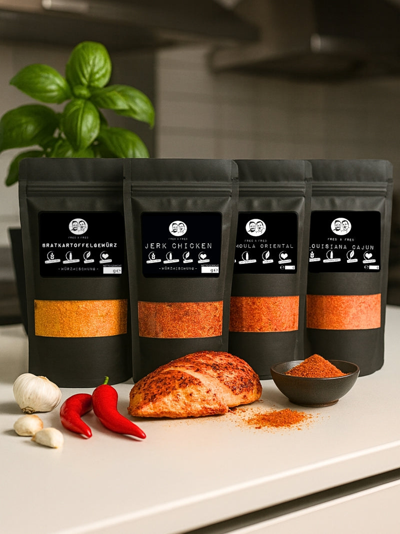 Fred & Fred Gewürze - Geschenkset - Feinkost Grill-Gewürz zum Kochen & Verfeinern! - 4 x 120g