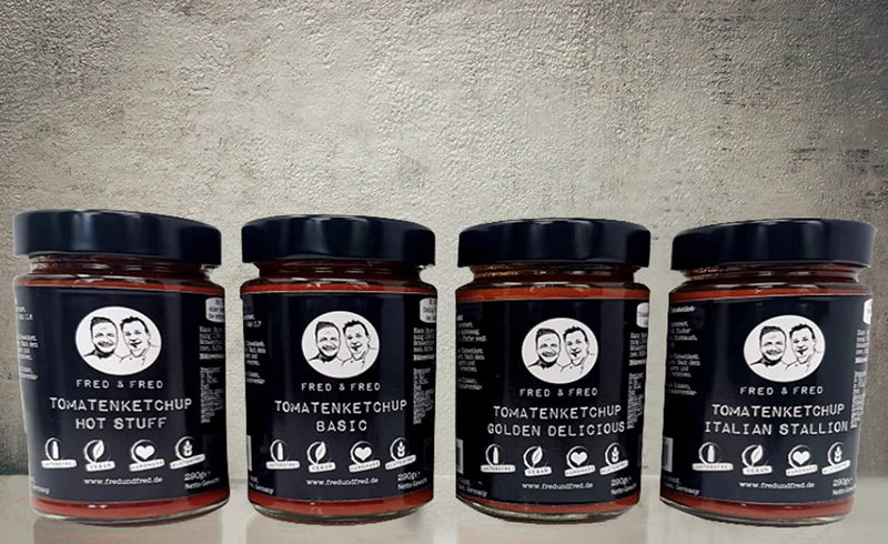Fred & Fred Tomatenketchup Geschenkset - 4x 290g Glas versch. Sorten bester Ketchup - Ketchup Geschenke für Männer & Frauen (17,20 €/kg)-EKNA GmbH & Co. KG